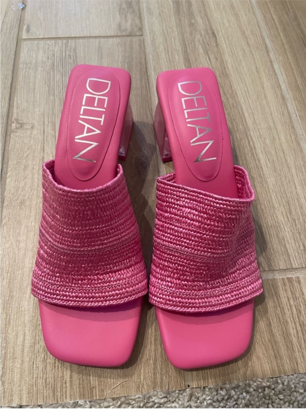 Deltan Fae Pink Raffia Block Heel Slide Woven Sandal Open Toe Sz 8 M - Picture 3 of 6